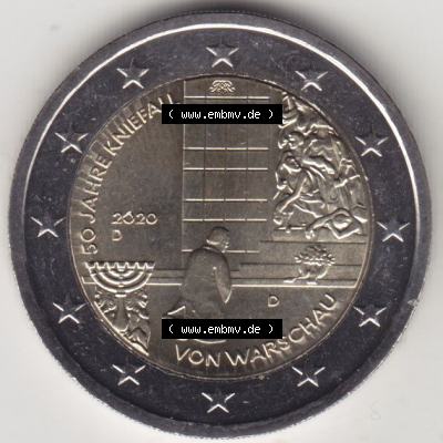 BRD-Deutschland 2 Euro Gedenkmünze 2020, 2 Euro Gedenkmünze 2020, 50 Jahre Kniefall von Warschau Münzzeichen D in 600DPI, die deutschen 2 Euro Gedenkmünzen 2020 als... Sammlung
