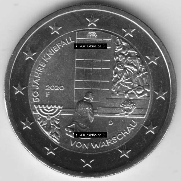 Grau bzw. s/w BRD-Deutschland 2 Euro Gedenkmünze 2020, 2 Euro Gedenkmünze 2020, 50 Jahre Kniefall von Warschau Münzzeichen F in 600DPI, die deutschen 2 Euro Gedenkmünzen 2020 als... Sammlung Graustufen