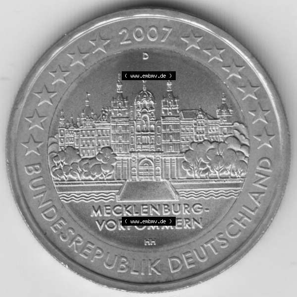 Grau bzw. s/w BRD-Deutschland 2 Euro Gedenkmünze 2007, 2 Euro Gedenkmünze 2007 Mecklenburg Vorpommern Münzzeichen D in 800DPI, die deutschen 2 Euro Gedenkmünzen 2007 stehen als Digitale... Sammlung Graustufen