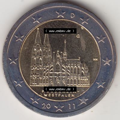 BRD-Deutschland 2 Euro Gedenkmünze 2011, 2 Euro Gedenkmünze 2011 Nordrhein-Westfalen Münzzeichen G in 1200DPI, die deutschen 2 Euro Gedenkmünzen 2011 stehen als Digitale... Sammlung