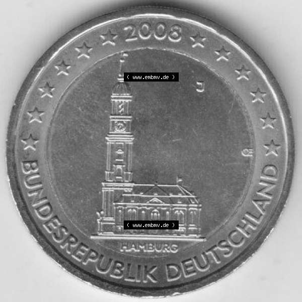 Grau bzw. s/w BRD-Deutschland 2 Euro Gedenkmünze 2008, 2 Euro Gedenkmünze 2008 Hamburg Münzzeichen J in 400DPI, die deutschen 2 Euro Gedenkmünzen 2008 stehen als Digitale Bilder zum herunterladen... Sammlung Graustufen