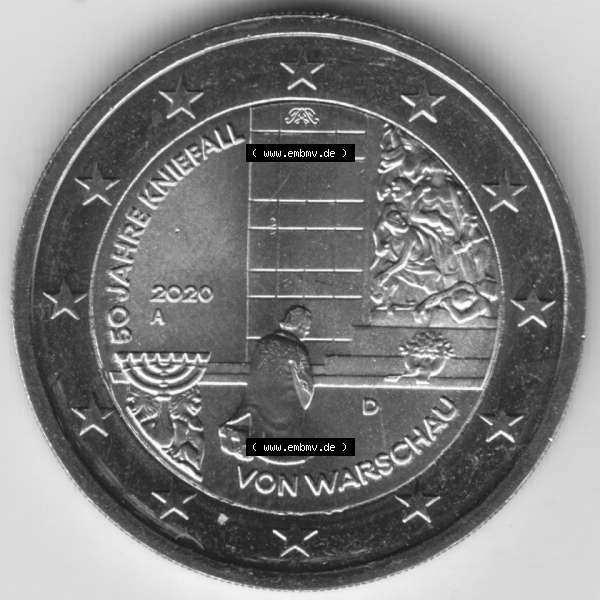 Grau bzw. s/w BRD-Deutschland 2 Euro Gedenkmünze 2020, 2 Euro Gedenkmünze 2020, 50 Jahre Kniefall von Warschau Münzzeichen A in 800DPI, die deutschen 2 Euro Gedenkmünzen 2020 als... Sammlung Graustufen