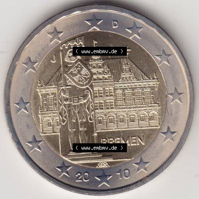 BRD-Deutschland 2 Euro Gedenkmünze 2010, 2 Euro Gedenkmünze 2010 Bremen Münzzeichen J in 1200DPI, die deutschen 2 Euro Gedenkmünzen 2010 stehen als Digitale Bilder zum herunterladen... Sammlung