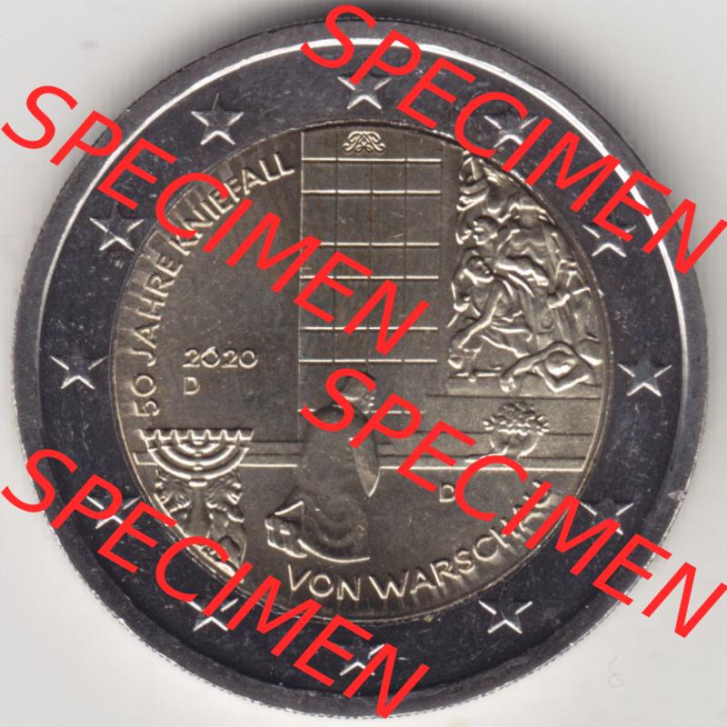 BRD-Deutschland 2 Euro Gedenkmünze 2020, 2 Euro Gedenkmünze 2020, 50 Jahre Kniefall von Warschau Münzzeichen D in 800DPI, die deutschen 2 Euro Gedenkmünzen 2020 als... Sammlung