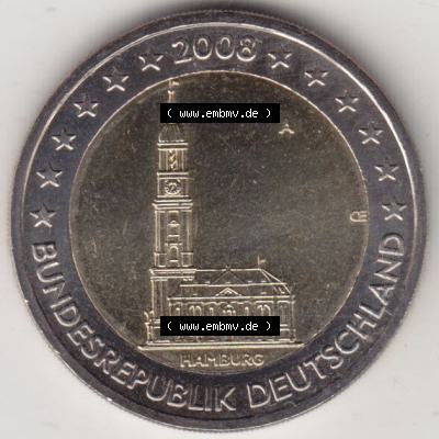 BRD-Deutschland 2 Euro Gedenkmünze 2008, 2 Euro Gedenkmünze 2008 Hamburg Münzzeichen A in 600DPI, die deutschen 2 Euro Gedenkmünzen 2008 stehen als Digitale Bilder zum herunterladen... Sammlung
