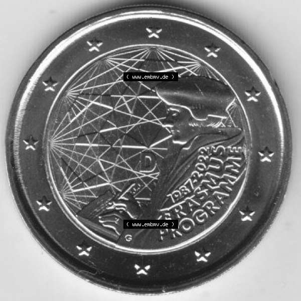 Grau bzw. s/w BRD-Deutschland 2 Euro Gedenkmünze 2022, 2 Euro Gedenkmünze 2022, 35 Jahre Erasmus-Programm Münzzeichen G in 400DPI, die deutschen 2 Euro Gedenkmünzen 2022 als Digitale... Sammlung Graustufen