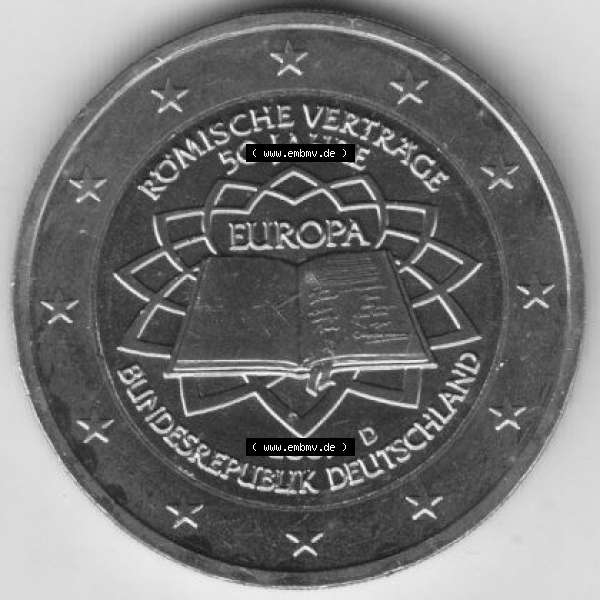 Grau bzw. s/w BRD-Deutschland 2 Euro Gedenkmünze 2007, 2 Euro Gedenkmünze 2007 50 Jahre Römische Verträge Münzzeichen D in 400DPI, die deutschen 2 Euro Gedenkmünzen 2007 stehen... Sammlung Graustufen