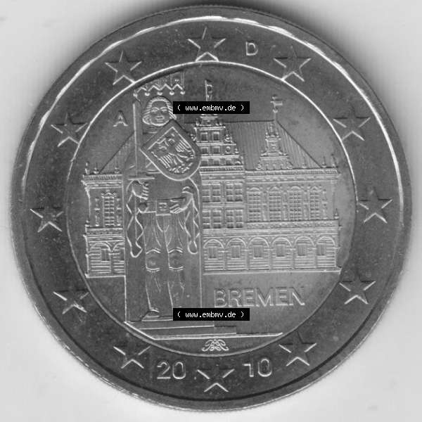 Grau bzw. s/w BRD-Deutschland 2 Euro Gedenkmünze 2010, 2 Euro Gedenkmünze 2010 Bremen Münzzeichen A in 600DPI, die deutschen 2 Euro Gedenkmünzen 2010 stehen als Digitale Bilder zum herunterladen... Sammlung Graustufen