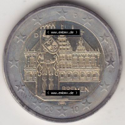 BRD-Deutschland 2 Euro Gedenkmünze 2010, 2 Euro Gedenkmünze 2010 Bremen Münzzeichen D in 400DPI, die deutschen 2 Euro Gedenkmünzen 2010 stehen als Digitale Bilder zum herunterladen... Sammlung