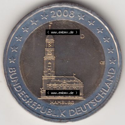 BRD-Deutschland 2 Euro Gedenkmünze 2008, 2 Euro Gedenkmünze 2008 Hamburg Münzzeichen D in 800DPI, die deutschen 2 Euro Gedenkmünzen 2008 stehen als Digitale Bilder zum herunterladen... Sammlung