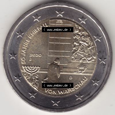 BRD-Deutschland 2 Euro Gedenkmünze 2020, 2 Euro Gedenkmünze 2020, 50 Jahre Kniefall von Warschau Münzzeichen J in 1200DPI, die deutschen 2 Euro Gedenkmünzen 2020 als... Sammlung