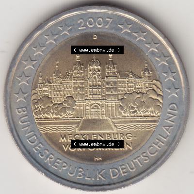BRD-Deutschland 2 Euro Gedenkmünze 2007, 2 Euro Gedenkmünze 2007 Mecklenburg Vorpommern Münzzeichen D in 1200DPI. Hier die deutschen 2 Euro Gedenkmünzen 2007 als Digitale... Sammlung