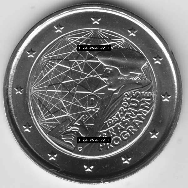 Grau bzw. s/w BRD-Deutschland 2 Euro Gedenkmünze 2022, 2 Euro Gedenkmünze 2022, 35 Jahre Erasmus-Programm Münzzeichen G in 1200DPI, die deutschen 2 Euro Gedenkmünzen 2022 als Digitale... Sammlung Graustufen