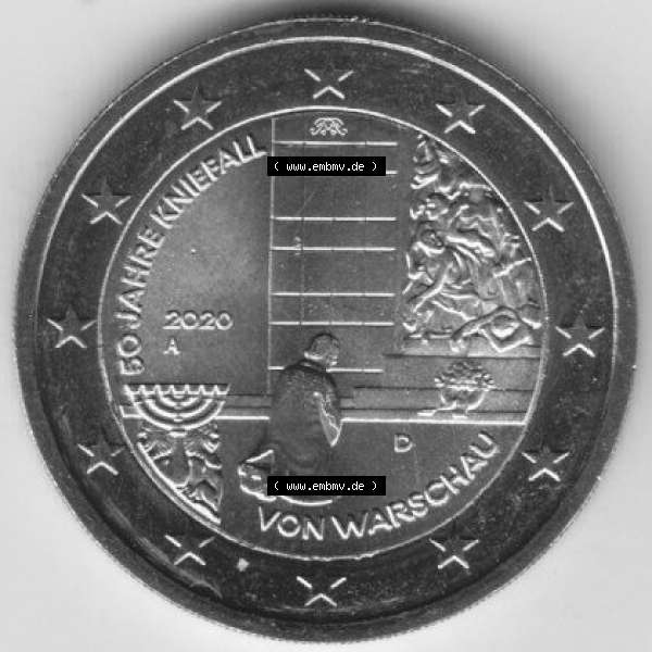 Grau bzw. s/w BRD-Deutschland 2 Euro Gedenkmünze 2020, 2 Euro Gedenkmünze 2020, 50 Jahre Kniefall von Warschau Münzzeichen A in 400DPI, die deutschen 2 Euro Gedenkmünzen 2020 als... Sammlung Graustufen