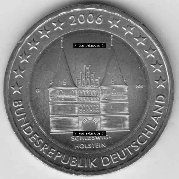 Grau bzw. s/w BRD-Deutschland 2 Euro Gedenkmünze 2006, 2 Euro Gedenkmünze 2006, Schleswig-Holstein Münzzeichen D in 800DPI, die deutschen 2 Euro Gedenkmünzen 2006 stehen als Digitale... Sammlung Graustufen