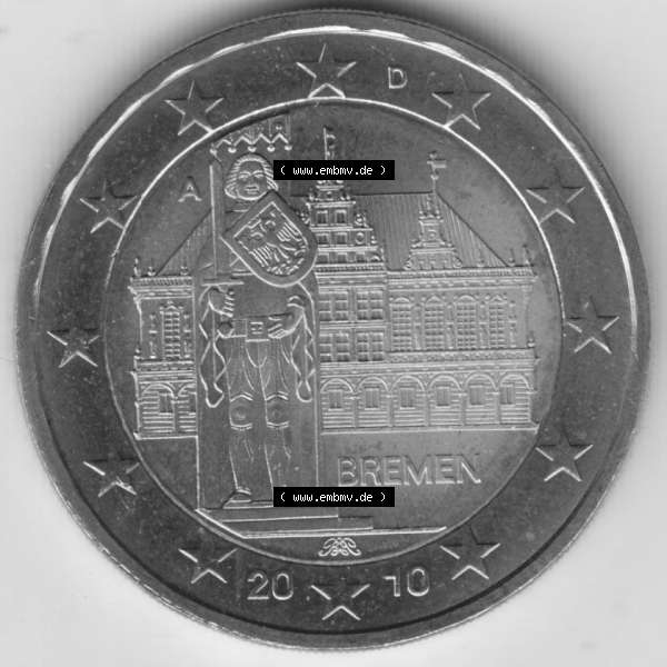 Grau bzw. s/w BRD-Deutschland 2 Euro Gedenkmünze 2010, 2 Euro Gedenkmünze 2010 Bremen Münzzeichen A in 800DPI, die deutschen 2 Euro Gedenkmünzen 2010 stehen als Digitale Bilder zum herunterladen... Sammlung Graustufen