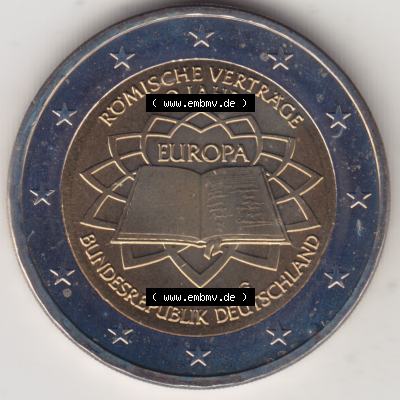 BRD-Deutschland 2 Euro Gedenkmünze 2007, 2 Euro Gedenkmünze 2007 50 Jahre Römische Verträge Münzzeichen G in 1200DPI. Hier die deutschen 2 Euro Gedenkmünzen 2007... Sammlung