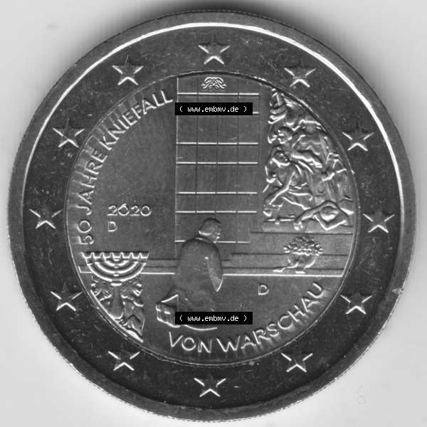 Grau bzw. s/w BRD-Deutschland 2 Euro Gedenkmünze 2020, 2 Euro Gedenkmünze 2020, 50 Jahre Kniefall von Warschau Münzzeichen D in 1200DPI, die deutschen 2 Euro Gedenkmünzen 2020 als... Sammlung Graustufen