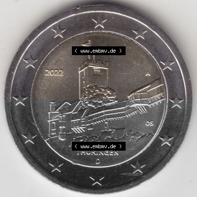 BRD-Deutschland 2 Euro Gedenkmünze 2022, 00800 2 Euro Gedenkmünze 2022, Thüringen - Wartburg Münzzeichen A in 800DPI, die... Sammlung