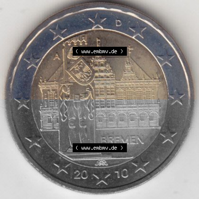 BRD-Deutschland 2 Euro Gedenkmünze 2010, 00400 2 Euro Gedenkmünze 2010 Bremen Münzzeichen A in 400DPI, die deutschen 2 Euro... Sammlung