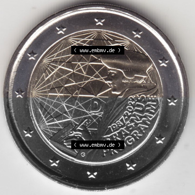 BRD-Deutschland 2 Euro Gedenkmünze 2022, 00800 2 Euro Gedenkmünze 2022, 35 Jahre Erasmus-Programm Münzzeichen G in 800DPI,... Sammlung
