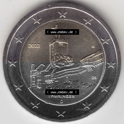 BRD-Deutschland 2 Euro Gedenkmünze 2022, 01200 2 Euro Gedenkmünze 2022, Thüringen - Wartburg Münzzeichen A in 1200DPI, die... Sammlung