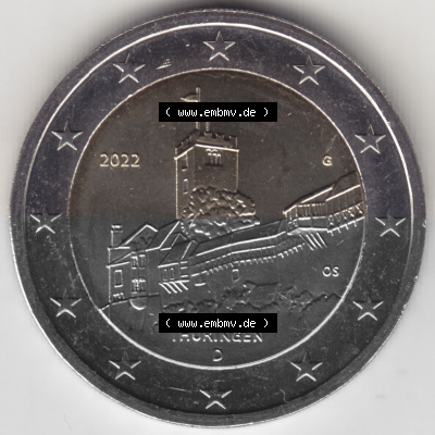 BRD-Deutschland 2 Euro Gedenkmünze 2022, 01200 2 Euro Gedenkmünze 2022, Thüringen - Wartburg Münzzeichen G in 1200DPI, die... Sammlung
