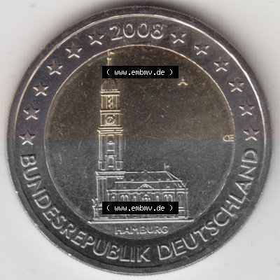 BRD-Deutschland 2 Euro Gedenkmünze 2008, 01200 2 Euro Gedenkmünze 2008 Hamburg Münzzeichen A in 1200DPI, die deutschen 2 Euro... Sammlung