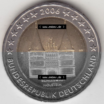 BRD-Deutschland 2 Euro Gedenkmünze 2006, 00600 2 Euro Gedenkmünze 2006, Schleswig-Holstein Münzzeichen D in 600DPI, die deutschen... Sammlung