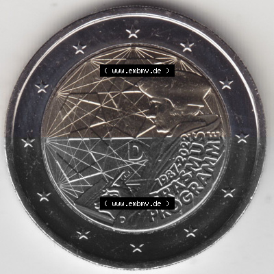 BRD-Deutschland 2 Euro Gedenkmünze 2022, 00800 2 Euro Gedenkmünze 2022, 35 Jahre Erasmus-Programm Münzzeichen D in 800DPI,... Sammlung