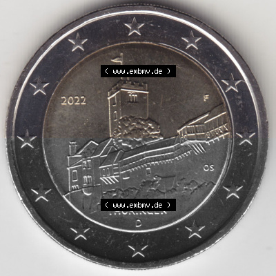 BRD-Deutschland 2 Euro Gedenkmünze 2022, 01200 2 Euro Gedenkmünze 2022, Thüringen - Wartburg Münzzeichen F in 1200DPI, die... Sammlung