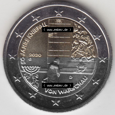BRD-Deutschland 2 Euro Gedenkmünze 2020, 00600 2 Euro Gedenkmünze 2020, 50 Jahre Kniefall von Warschau Münzzeichen G in 600DPI,... Sammlung