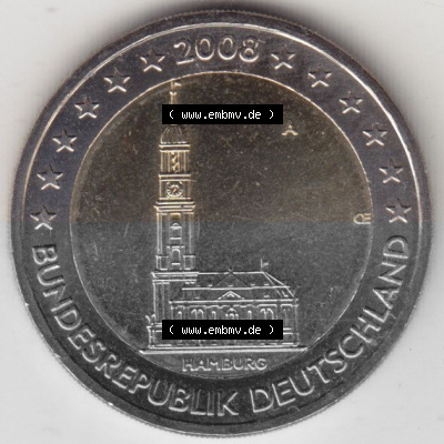 BRD-Deutschland 2 Euro Gedenkmünze 2008, 00600 2 Euro Gedenkmünze 2008 Hamburg Münzzeichen A in 600DPI, die deutschen 2 Euro... Sammlung