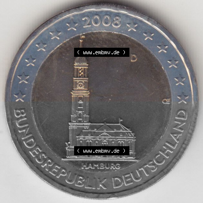 BRD-Deutschland 2 Euro Gedenkmünze 2008, 00600 2 Euro Gedenkmünze 2008 Hamburg Münzzeichen D in 600DPI, die deutschen 2 Euro... Sammlung