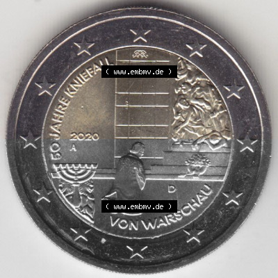 BRD-Deutschland 2 Euro Gedenkmünze 2020, 00600 2 Euro Gedenkmünze 2020, 50 Jahre Kniefall von Warschau Münzzeichen A in 600DPI,... Sammlung
