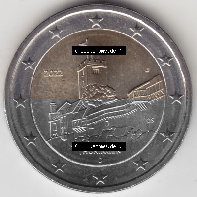 BRD-Deutschland 2 Euro Gedenkmünze 2022, 01200 2 Euro Gedenkmünze 2022, Thüringen - Wartburg Münzzeichen J in 1200DPI, die... Sammlung