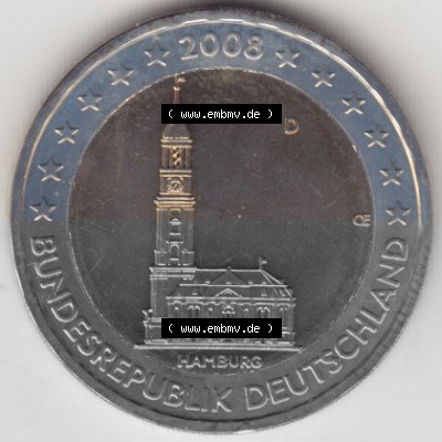 BRD-Deutschland 2 Euro Gedenkmünze 2008, 00400 2 Euro Gedenkmünze 2008 Hamburg Münzzeichen D in 400DPI, die deutschen 2 Euro... Sammlung