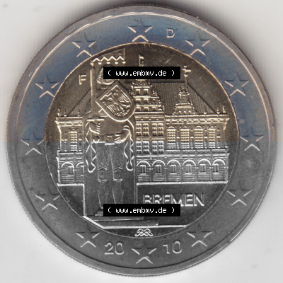 BRD-Deutschland 2 Euro Gedenkmünze 2010, 01200 2 Euro Gedenkmünze 2010 Bremen Münzzeichen F in 1200DPI, die deutschen 2 Euro... Sammlung