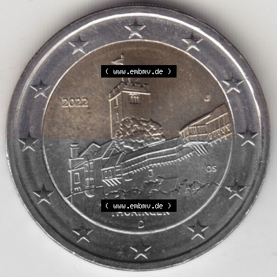 BRD-Deutschland 2 Euro Gedenkmünze 2022, 00600 2 Euro Gedenkmünze 2022, Thüringen - Wartburg Münzzeichen J in 600DPI, die... Sammlung