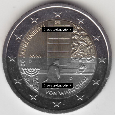 BRD-Deutschland 2 Euro Gedenkmünze 2020, 00600 2 Euro Gedenkmünze 2020, 50 Jahre Kniefall von Warschau Münzzeichen D in 600DPI,... Sammlung