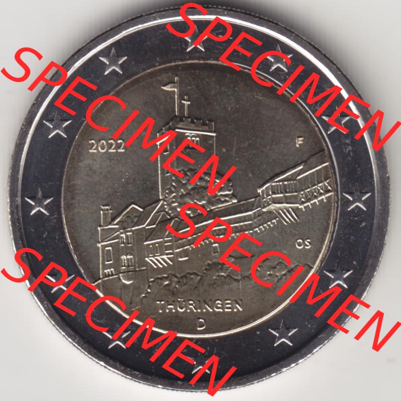 Deutschland 2022, 2 Euro Gedenkmünze 2022, Thüringen - Wartburg Münzzeichen - Mzz. F für Prägestätte Stuttgart in 1200DPI. 2 Euro Gedenkmünze... Sammlung