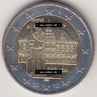 Deutschland 2010, 2 Euro Gedenkmünze Bremen Münzzeichen - Mzz. G für Prägestätte Karlsruhe in 1200DPI. 2 Euro Gedenkmünze... Sammlung