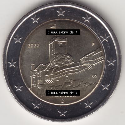 Deutschland 2022, 2 Euro Gedenkmünze 2022, Thüringen - Wartburg Münzzeichen - Mzz. F für Prägestätte Stuttgart in 1200DPI. 2 Euro Gedenkmünze... Sammlung