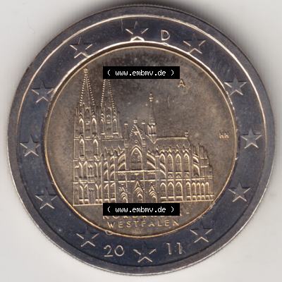 Deutschland 2011, 2 Euro Gedenkmünze 2011 Nordrhein-Westfalen Münzzeichen - Mzz. A für Prägestätte Berlin in 1200DPI. 2 Euro Gedenkmünze der BRD im Katalog... Sammlung