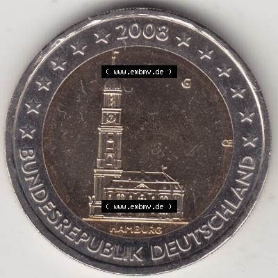 Deutschland 2008, 2 Euro Gedenkmünze 2008 Hamburg Münzzeichen - Mzz. G für Prägestätte Karlsruhe in 1200DPI. 2 Euro Gedenkmünze der BRD im Katalog auf... Sammlung
