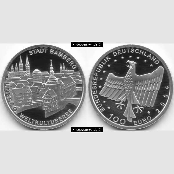 Grau bzw. s/w Deutschland 100 Euro Goldmünze 2004, UNESCO Bamberg. Vorderseite und Rückseite der 100 Euro Goldmünze aus Deutschland der BRD auf einen Bild zum katalogisieren. Hier... Sammlung Graustufen