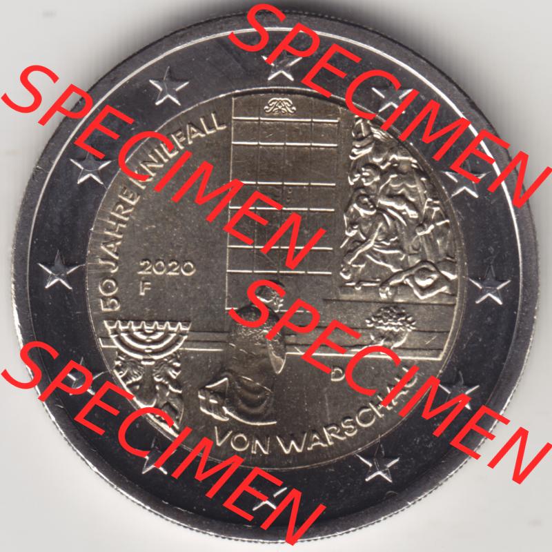 Deutschland 2020, 2 Euro Gedenkmünze 2020, 50 Jahre Kniefall von Warschau Münzzeichen - Mzz. F für Prägestätte Stuttgart in 1200DPI. 2 Euro Gedenkmünze... Sammlung