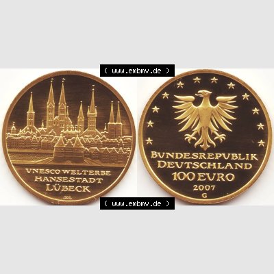 Deutschland 100 Euro Goldmünze 2007, UNESCO Hansestadt Lübeck. Vorderseite und Rückseite der 100 Euro Goldmünze aus Deutschland der BRD auf einen Bild zum katalogisieren.... Sammlung