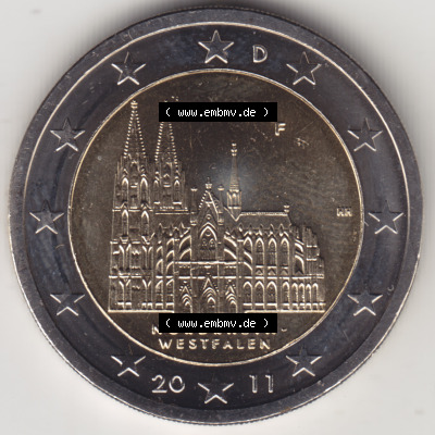 Deutschland 2011, 2 Euro Gedenkmünze 2011 Nordrhein-Westfalen Münzzeichen - Mzz. F für Prägestätte Stuttgart in 1200DPI.... Sammlung