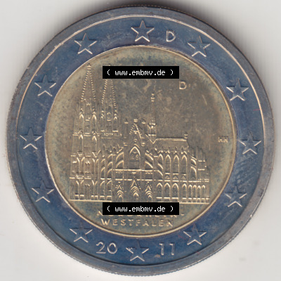 Deutschland 2011, 2 Euro Gedenkmünze 2011 Nordrhein-Westfalen Münzzeichen - Mzz. D für Prägestätte München in 1200DPI. 2... Sammlung